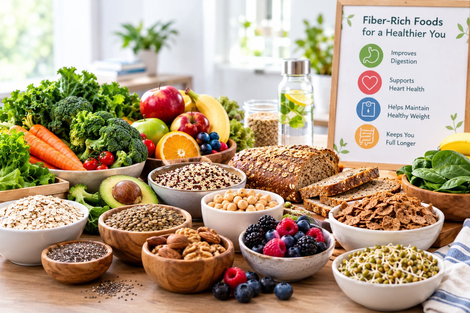 Assorted fiber-rich foods including fruits, vegetables, legumes, whole grains, nuts, and seeds arranged as part of a healthy balanced diet.