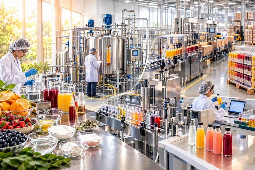 Beverage formulation process showing ingredient selection, mixing and product development