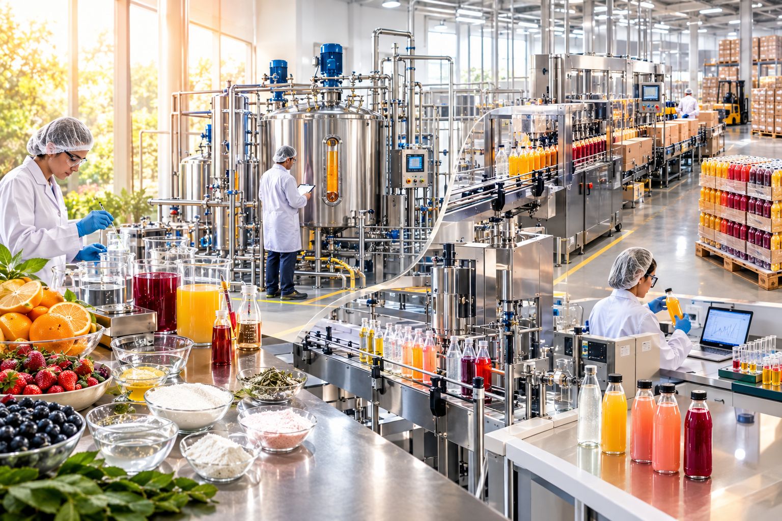 Beverage formulation process showing ingredient selection, mixing and product development