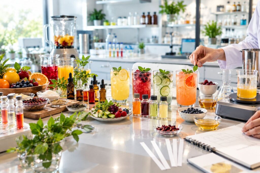 Beverage recipe development with ingredient formulation and product testing