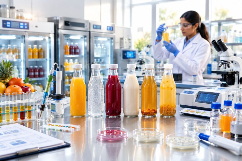 Beverage shelf life testing in a food laboratory for quality and stability analysis