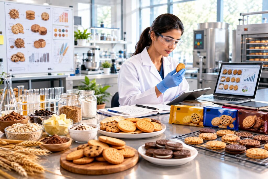 Food technologist developing and standardising a biscuit brand for commercial production
