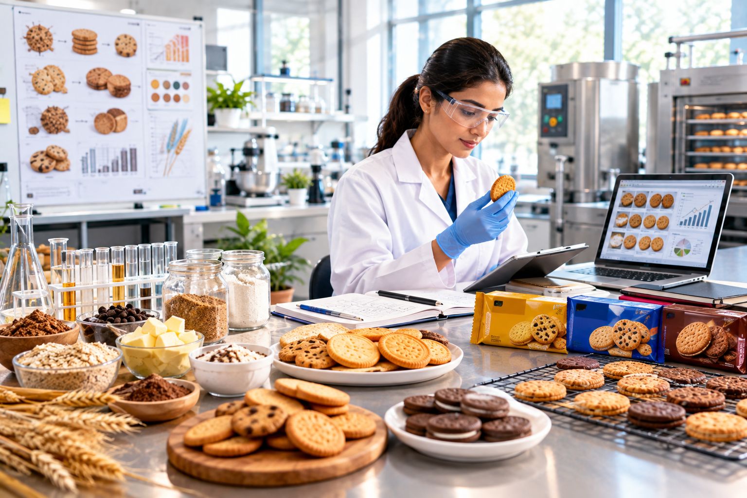Food technologist developing and standardising a biscuit brand for commercial production