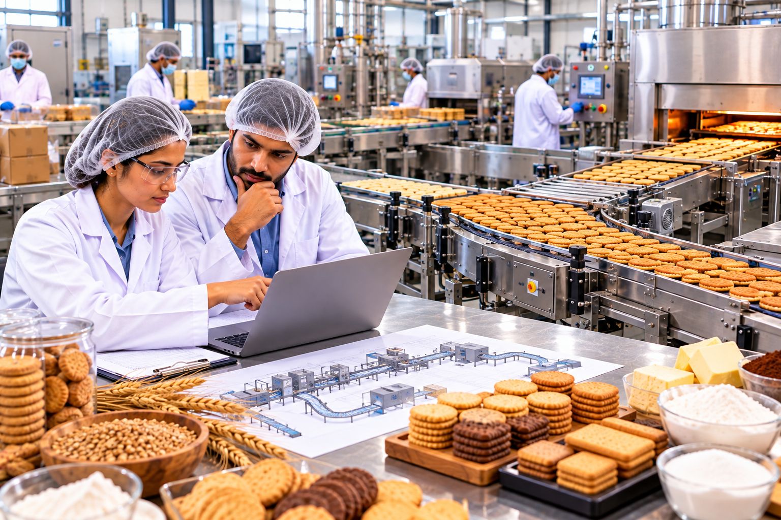 Biscuit production line with factory layout and commercial manufacturing equipment