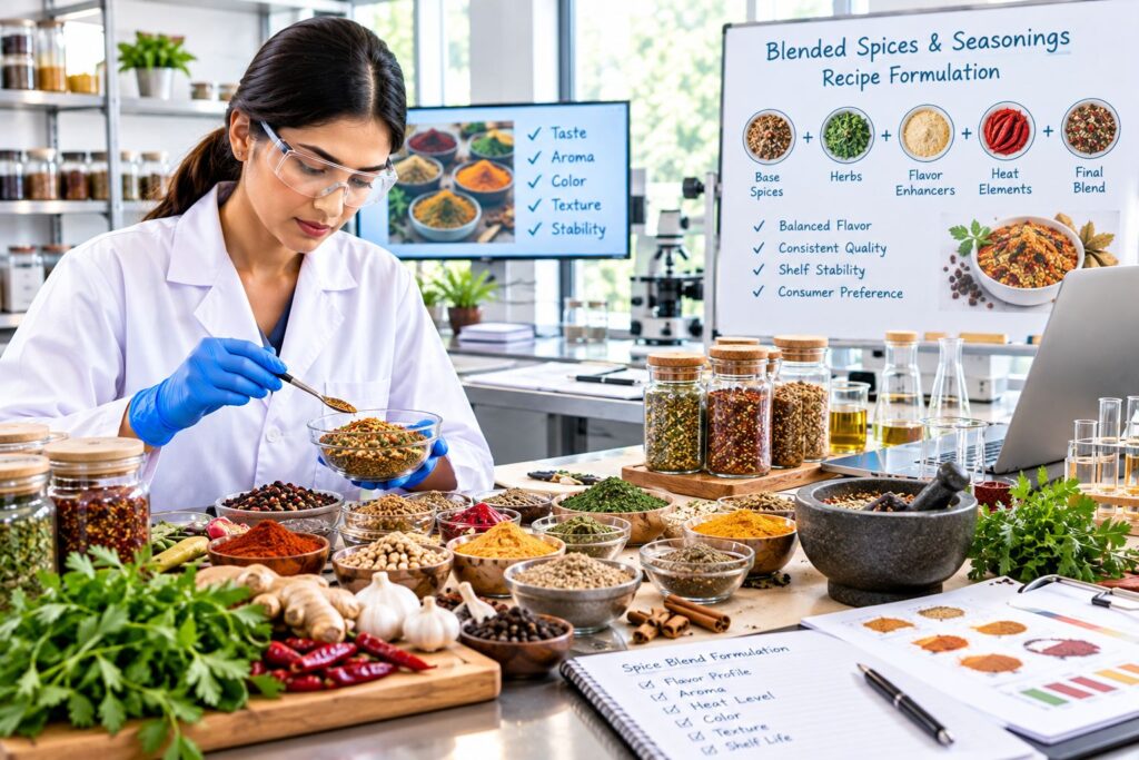 Food consultants developing blended spices and seasoning recipes using herbs, spices, flavor testing, and formulation techniques in a modern food laboratory.