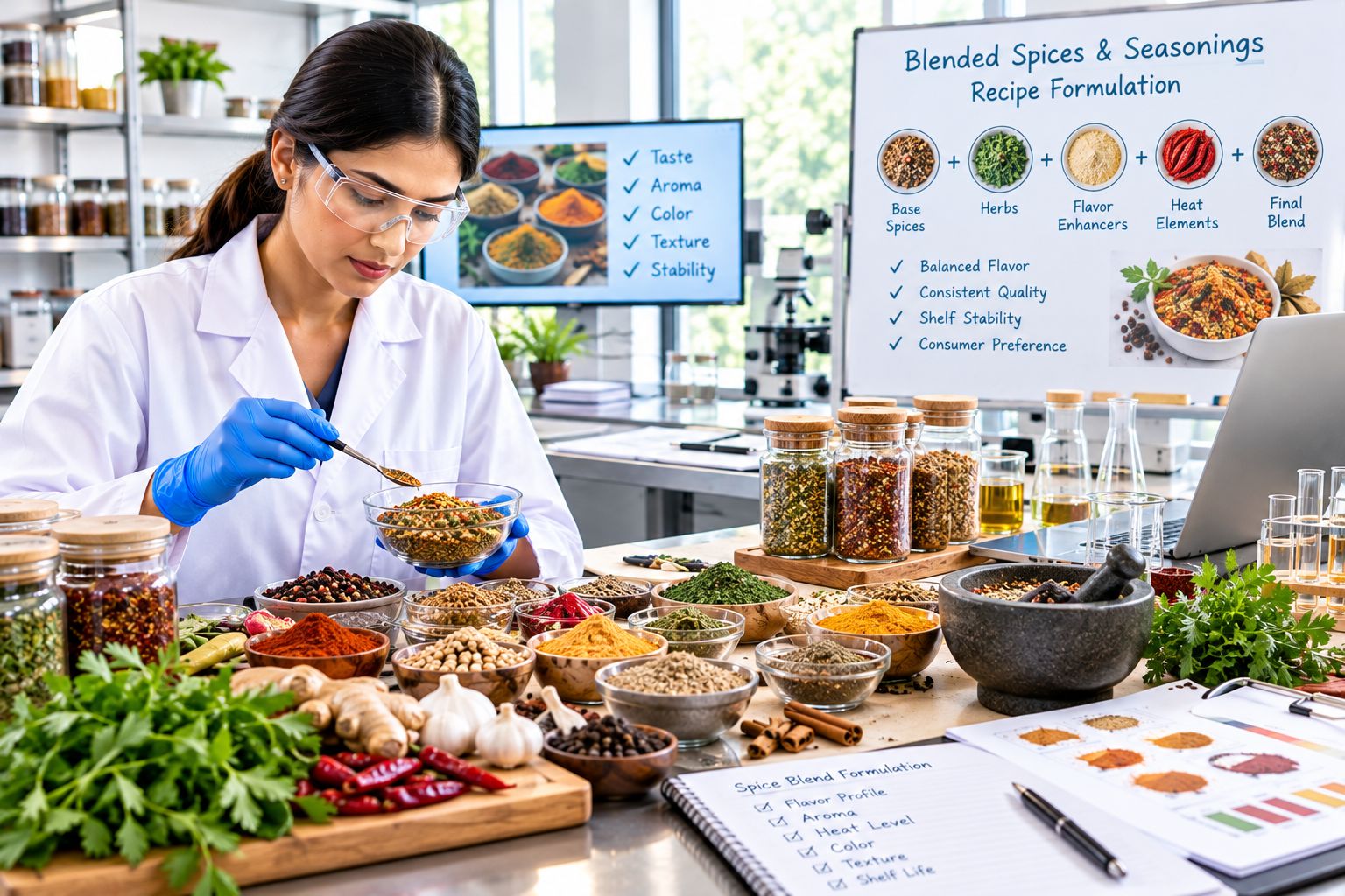 Food consultants developing blended spices and seasoning recipes using herbs, spices, flavor testing, and formulation techniques in a modern food laboratory.