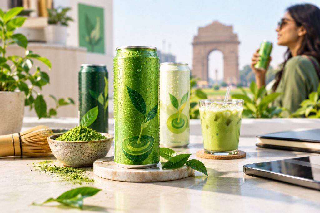 Canned matcha drinks reflecting the rising demand for matcha in India