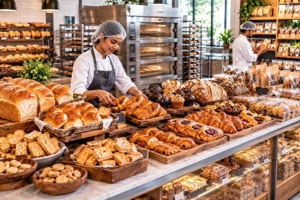 Assorted Indian bakery products including bread, biscuits, cakes, pastries, and cookies