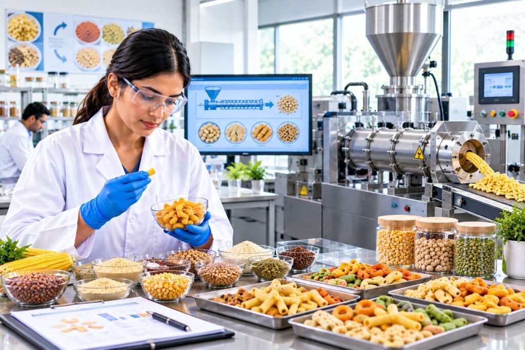 Modern food extrusion processing line producing snacks, cereals, and plant-based food products with advanced food manufacturing technology.