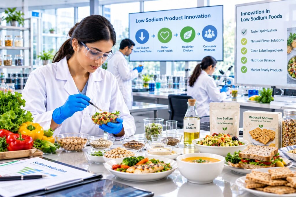 Food consultants developing low-sodium food products through formulation testing, flavor optimization, and nutritional analysis in a modern food innovation laboratory.