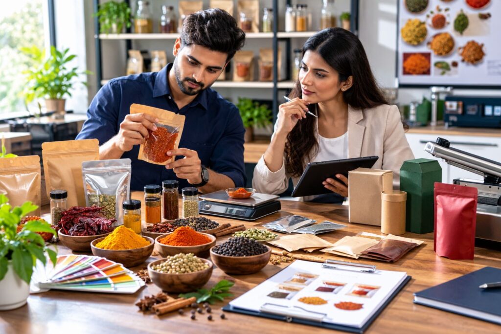 Food consultant guiding spice packaging design and production for a commercial spice business