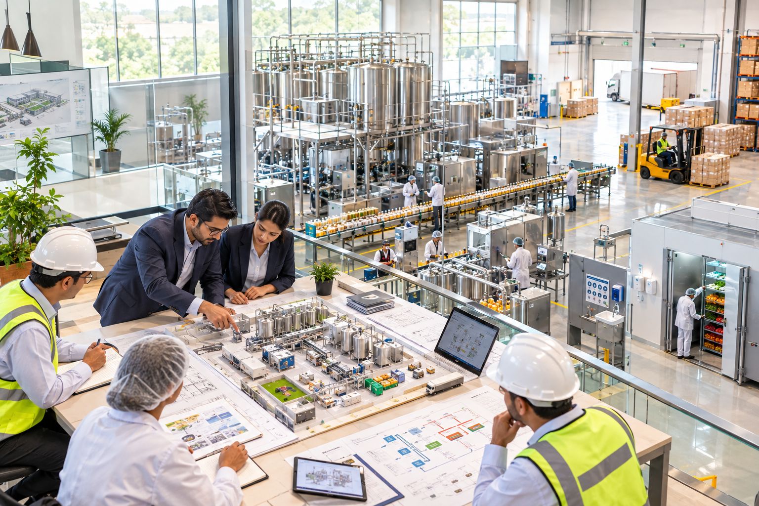 Food plant setup consultant planning a food manufacturing facility with production equipment