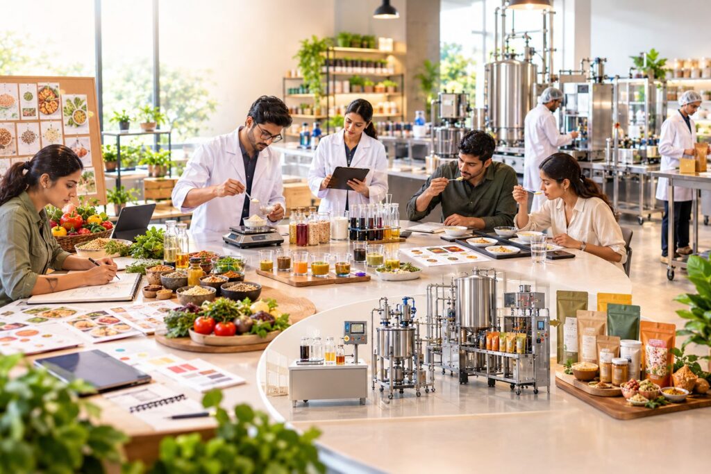 Food product development process from ingredient selection to commercial manufacturing
