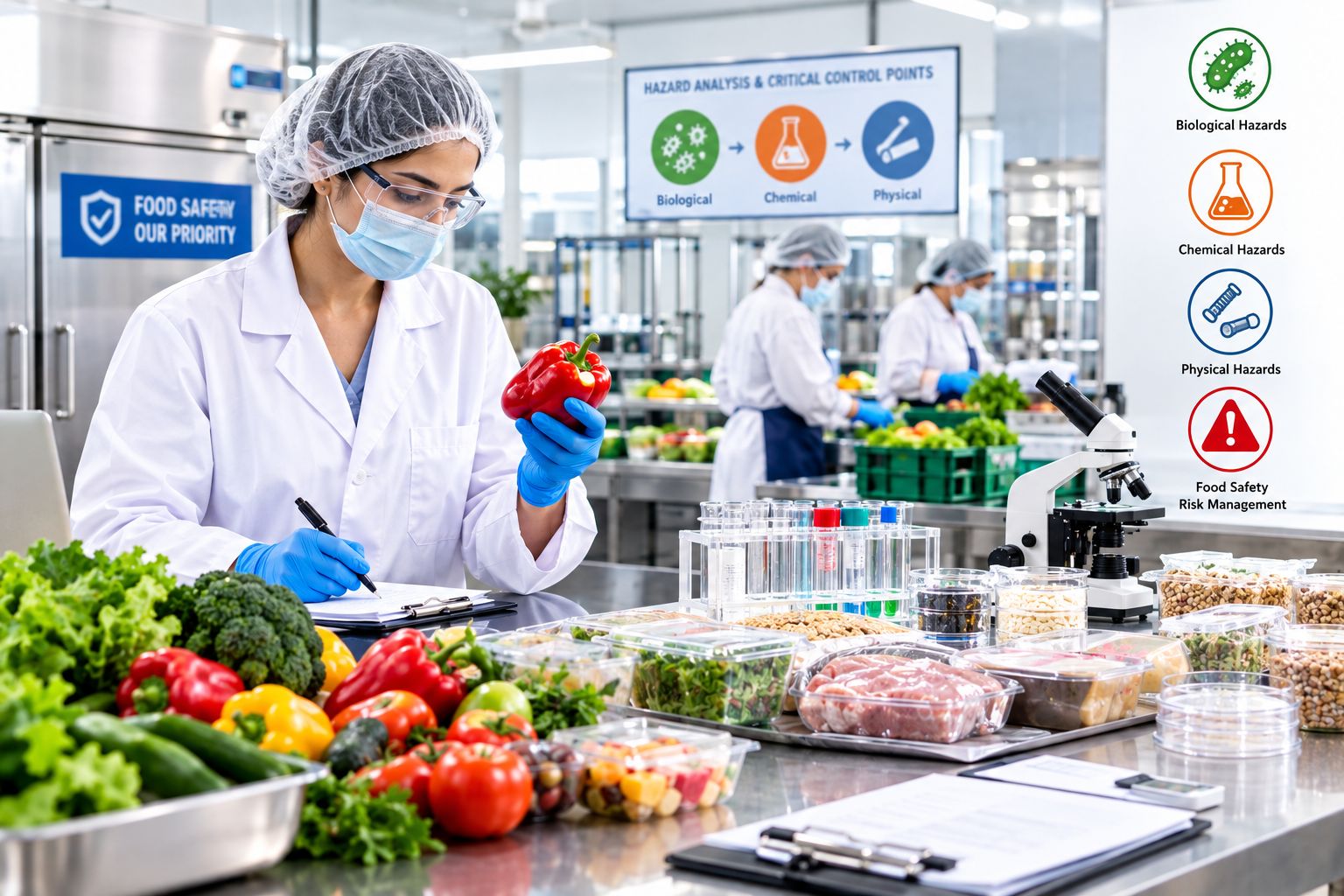 Food safety professionals conducting risk assessment, hazard analysis, and quality control in a modern food manufacturing facility.