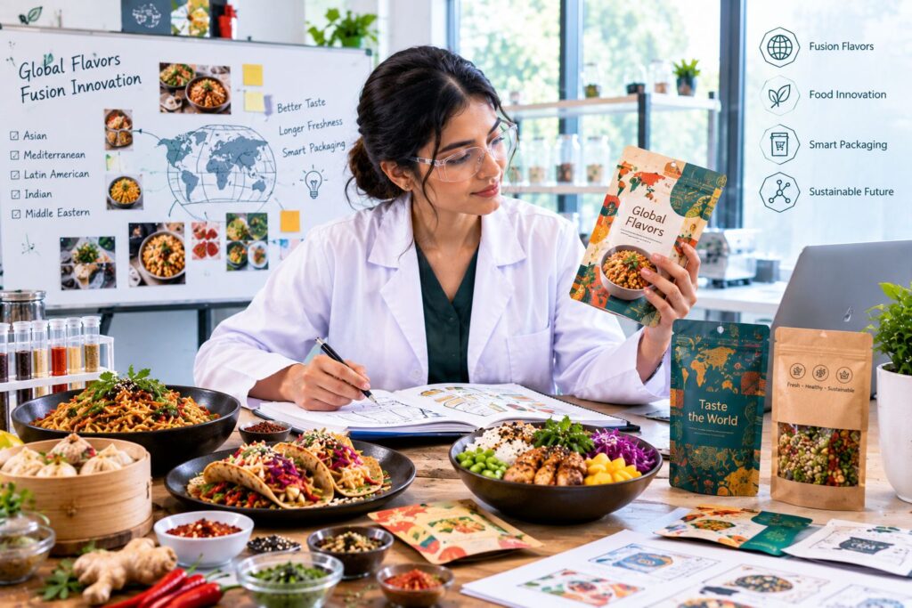 Food scientists and packaging experts developing global fusion food products with smart packaging technologies, freshness monitoring systems, and international flavor innovations.
