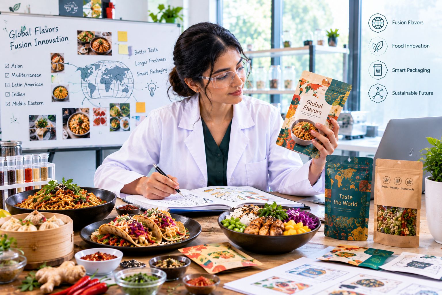 Food scientists and packaging experts developing global fusion food products with smart packaging technologies, freshness monitoring systems, and international flavor innovations.