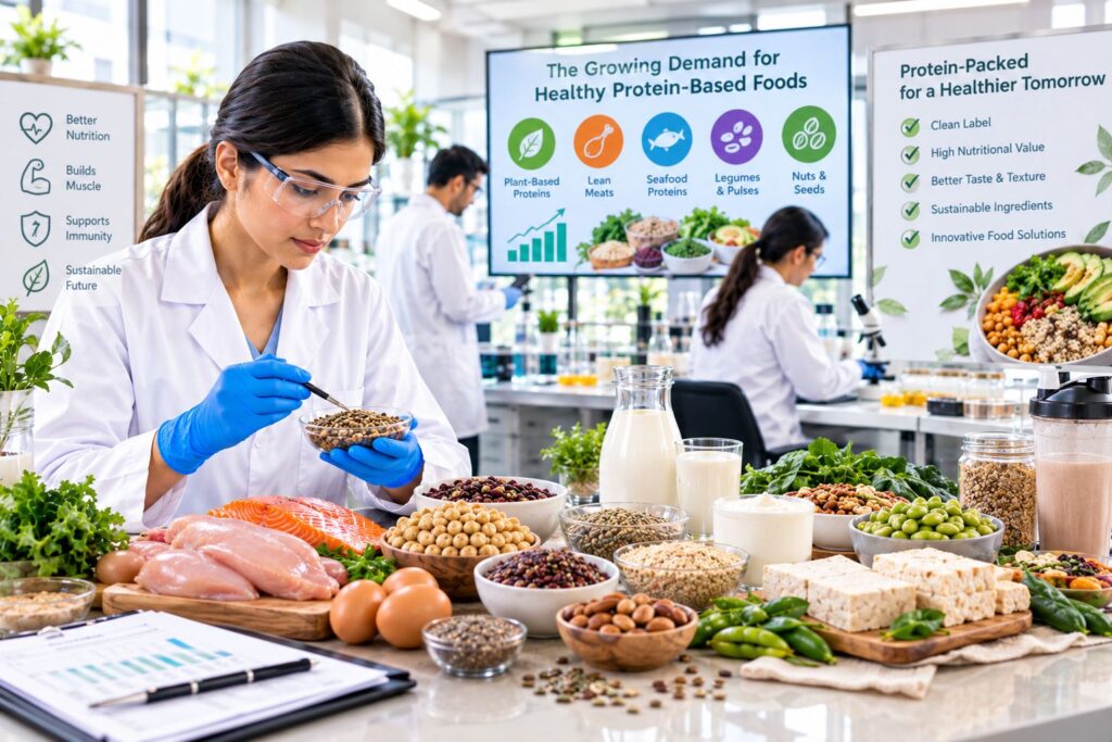 Healthy protein-rich foods including legumes, dairy products, nuts, seeds, plant-based proteins, and functional snacks displayed for modern nutrition and wellness.