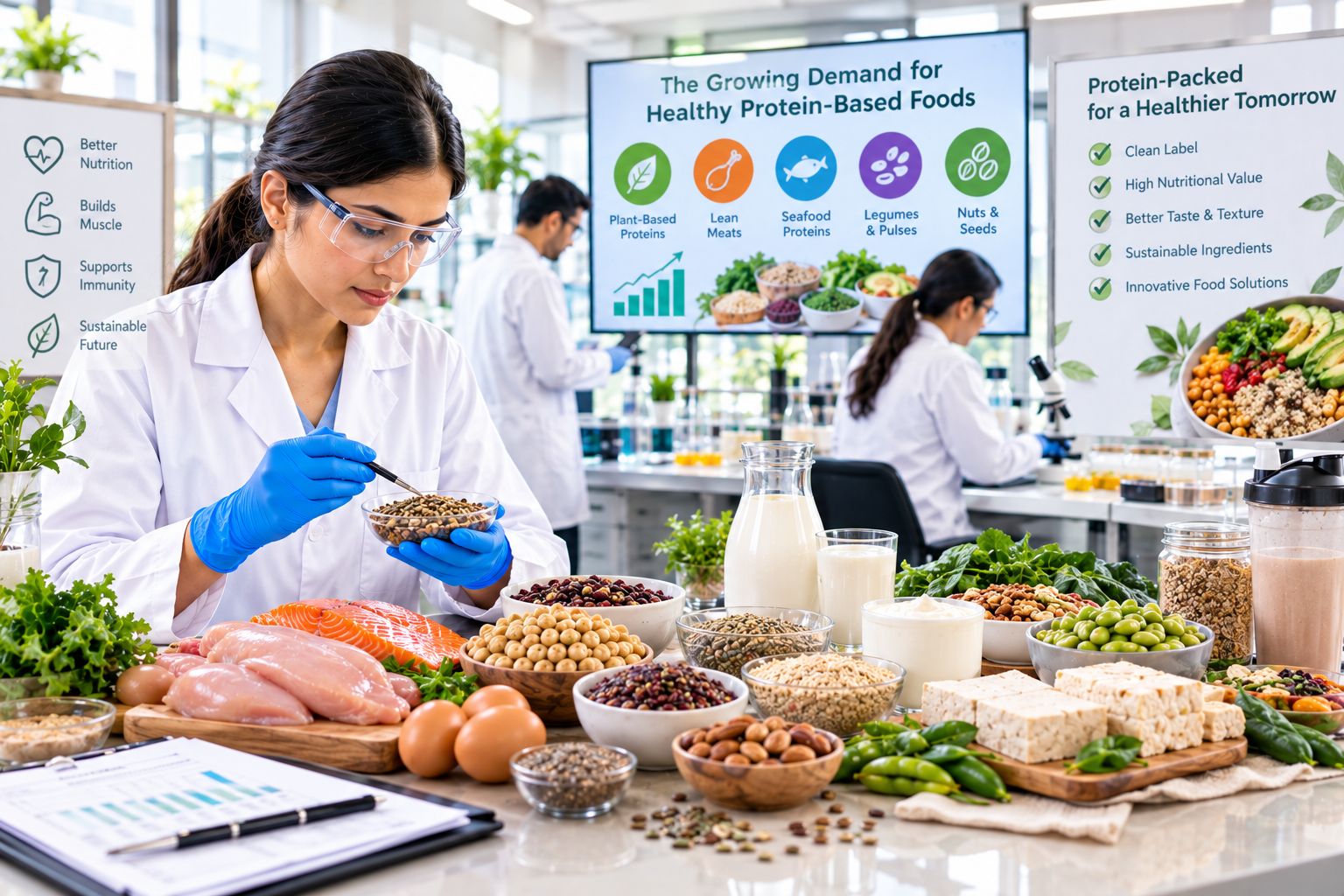 Healthy protein-rich foods including legumes, dairy products, nuts, seeds, plant-based proteins, and functional snacks displayed for modern nutrition and wellness.