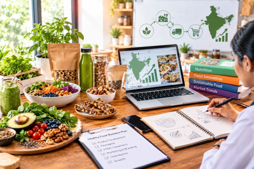 Healthy food business in India featuring nutritious food products and modern packaging