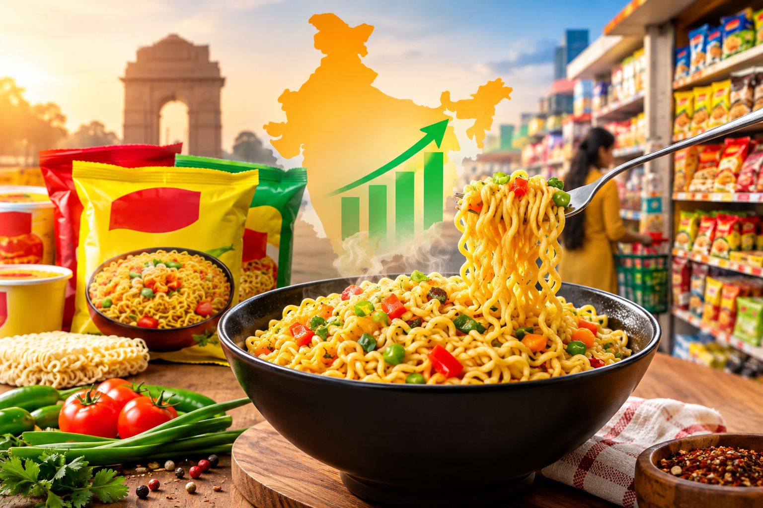Instant noodles products representing the growing instant noodles market in India