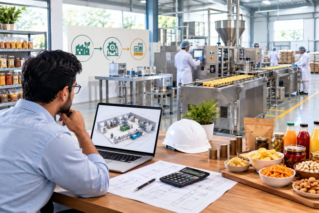 Low-cost food factory setup with efficient processing equipment and production layout