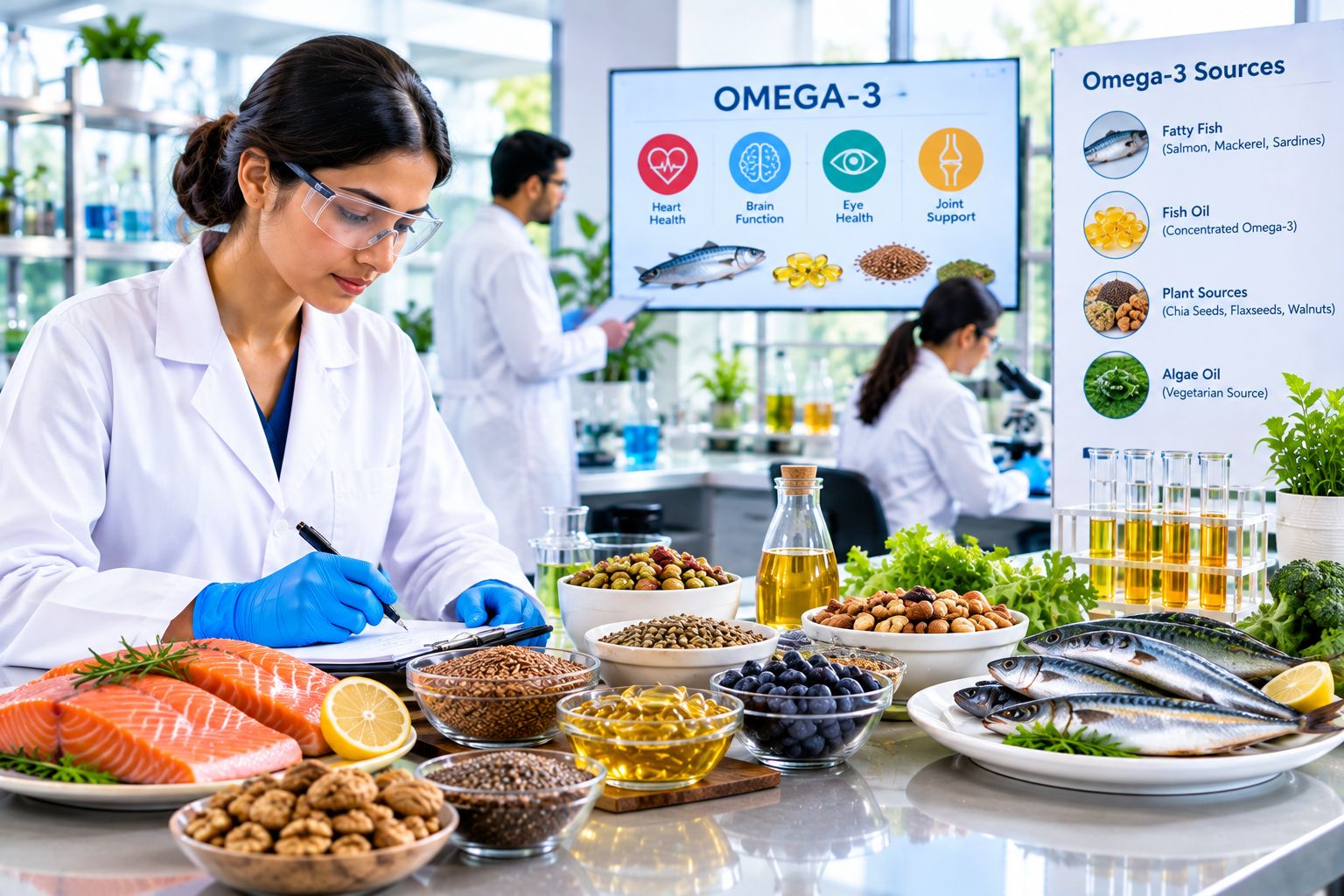 Food consultants developing omega-3 enriched food products using flaxseeds, chia seeds, walnuts, and functional ingredients in a modern food formulation laboratory.