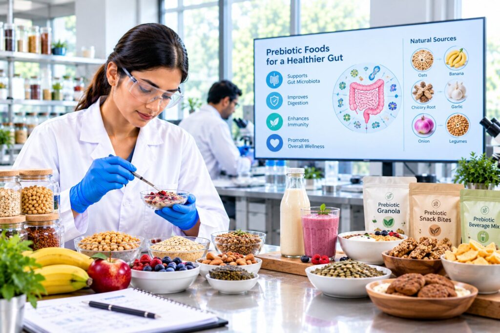 Food scientists developing prebiotic food products in India using fiber-rich ingredients, functional food formulations, and gut health nutrition research.