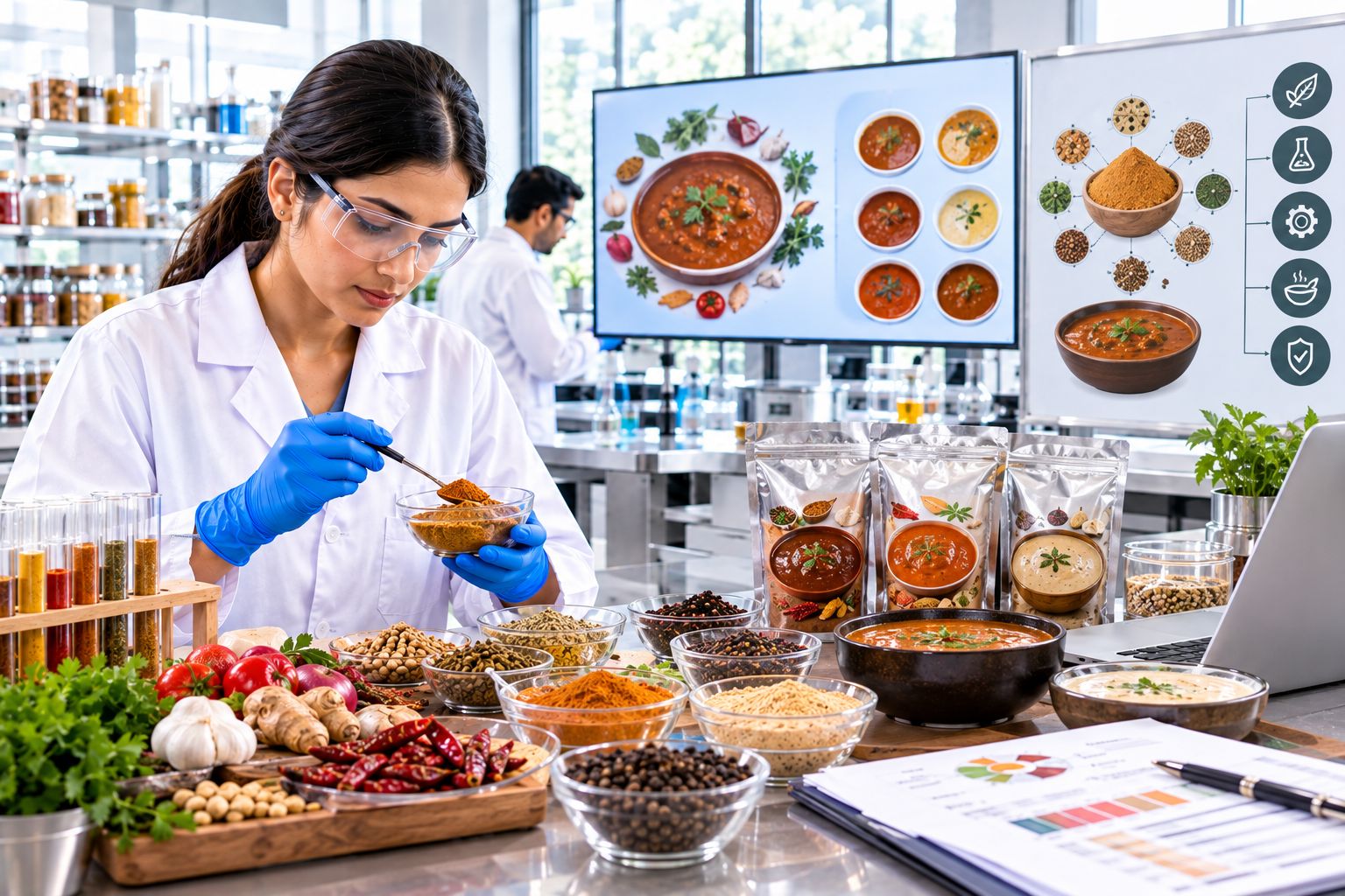 Food consultants formulating premix gravy powder using spices, seasonings, ingredient testing, and quality evaluation in a modern food development laboratory.