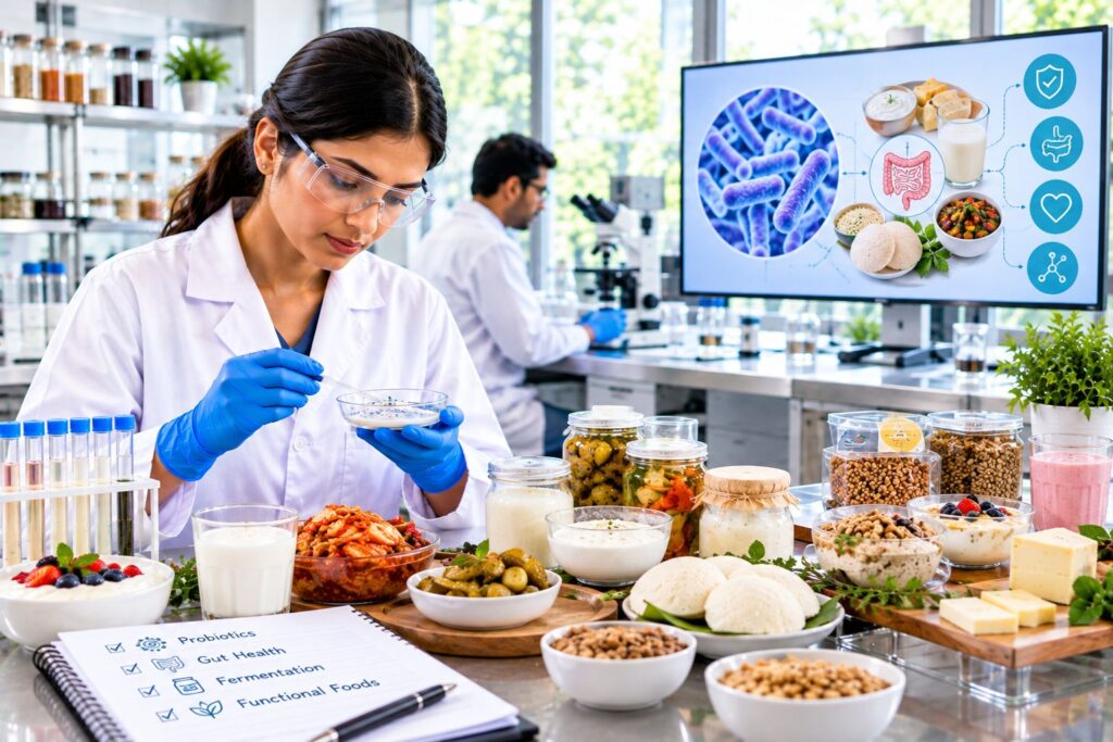 Food scientists developing probiotic-enriched Indian processed foods including yogurt, lassi, functional beverages, and fortified nutrition products in a modern food laboratory.