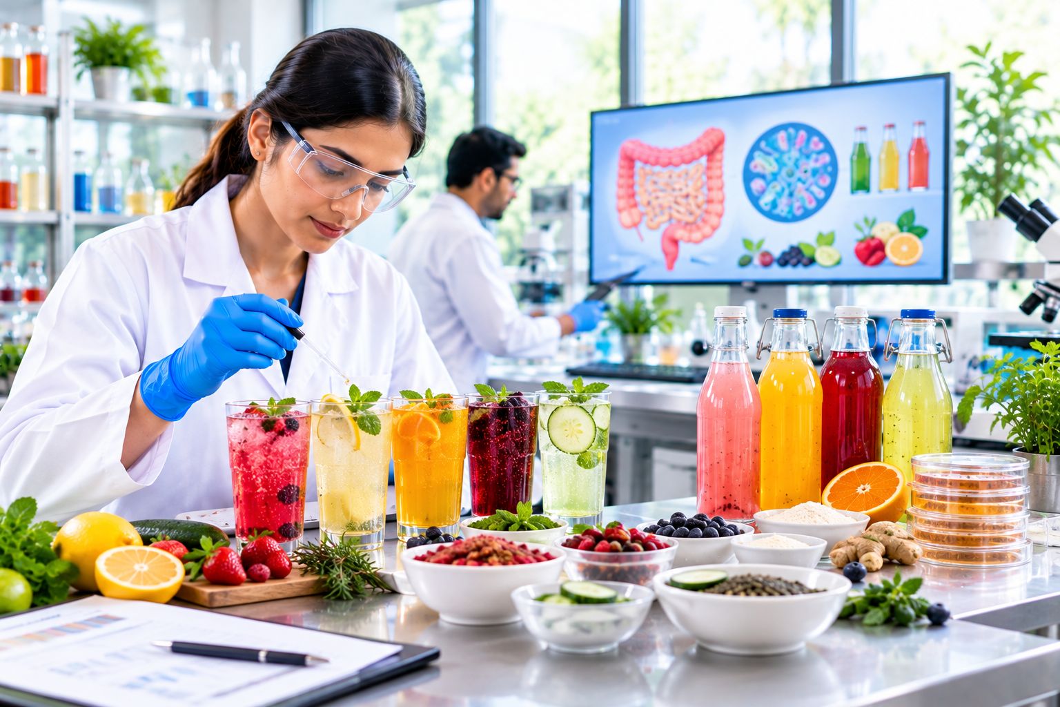 Food consultants developing prebiotic flavored sodas using natural ingredients, prebiotic fibers, carbonation testing, and beverage formulation techniques in a modern laboratory.
