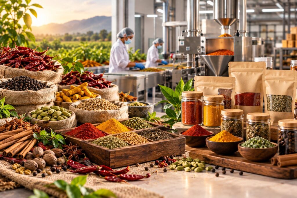 Spice manufacturing business in India with spices, processing equipment and packaging