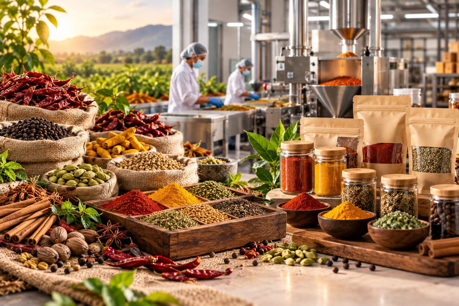 Spice manufacturing business in India with spices, processing equipment and packaging