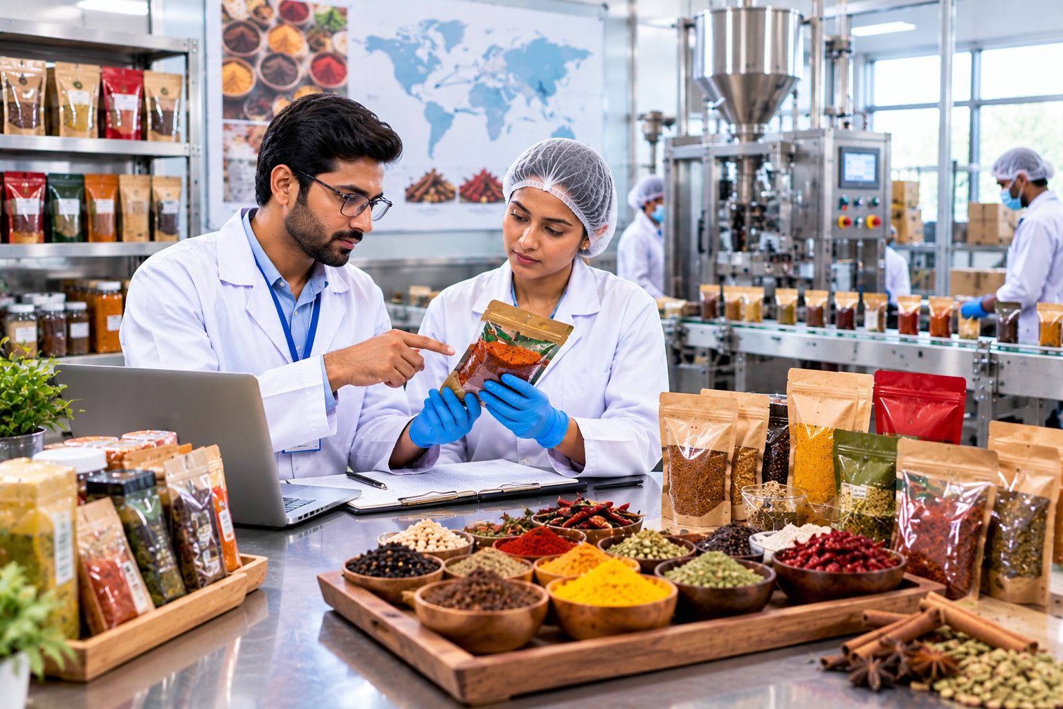 Spice packaging process with modern packaging materials and food manufacturing equipment