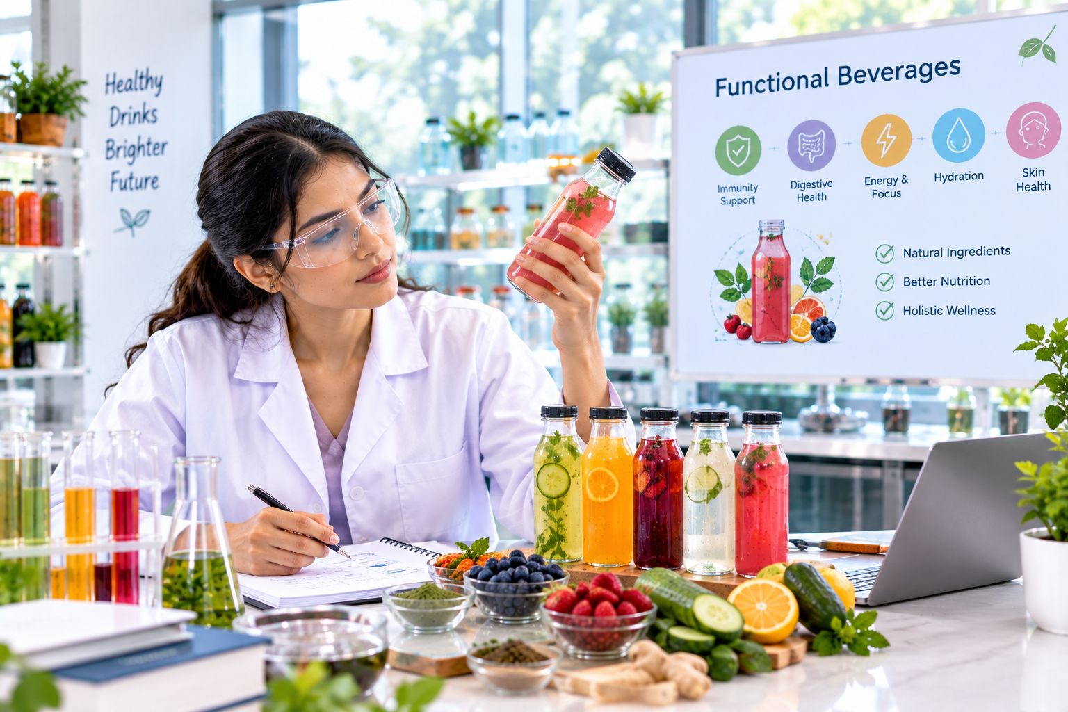 Food scientists developing functional beverages with probiotics, vitamins, botanicals, and wellness ingredients in a modern beverage research and development laboratory.