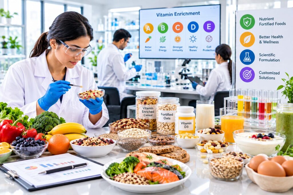 Food consultants developing vitamin-enriched food products with nutritional fortification, formulation testing, and quality analysis in a modern food laboratory.