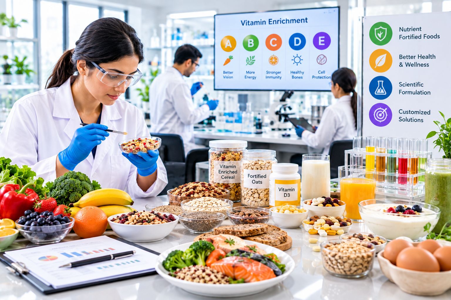 Food consultants developing vitamin-enriched food products with nutritional fortification, formulation testing, and quality analysis in a modern food laboratory.