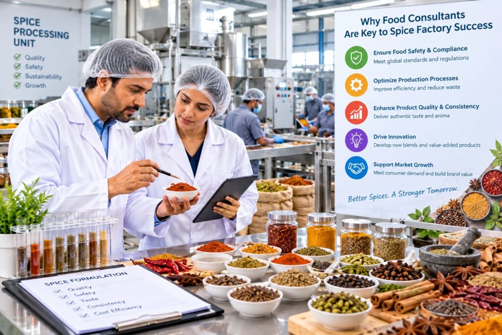 Food consultants and spice factory professionals overseeing spice blending, quality control, production optimization, and food safety processes in a modern manufacturing facility.