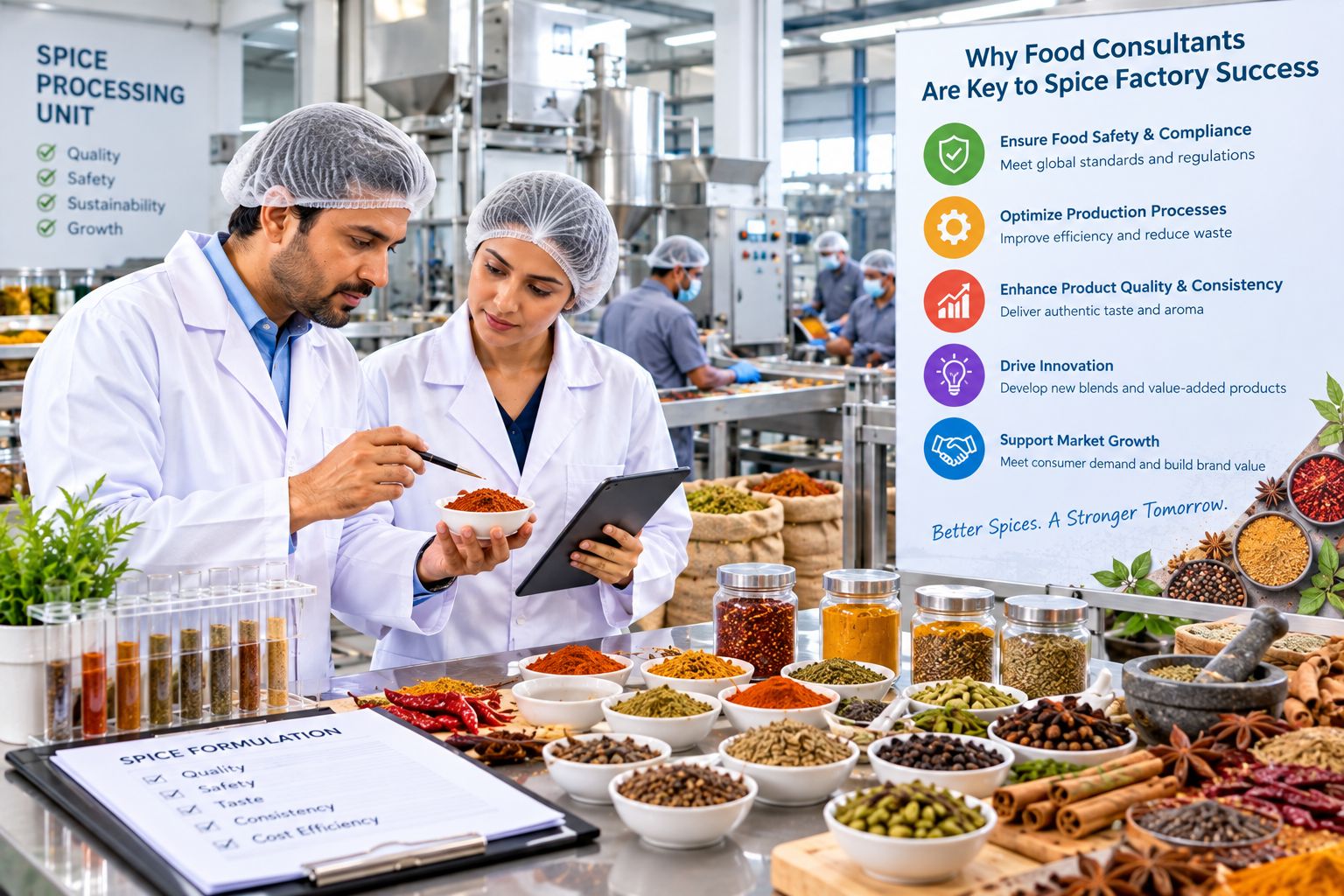 Food consultants and spice factory professionals overseeing spice blending, quality control, production optimization, and food safety processes in a modern manufacturing facility.
