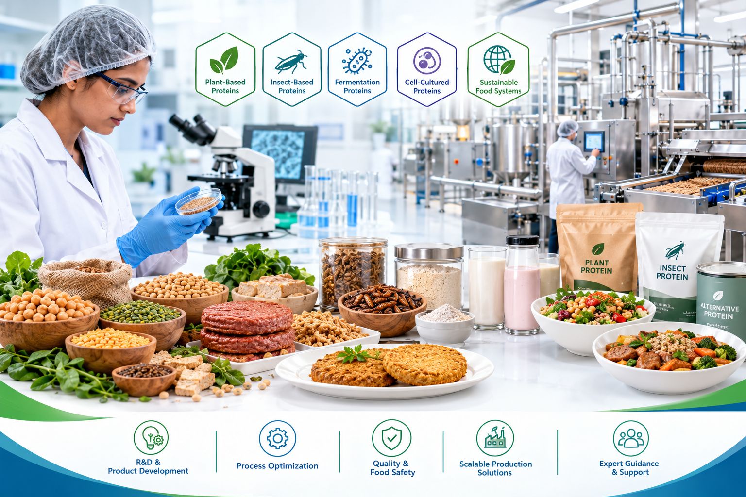 Alternative protein product development with food technology research and processing