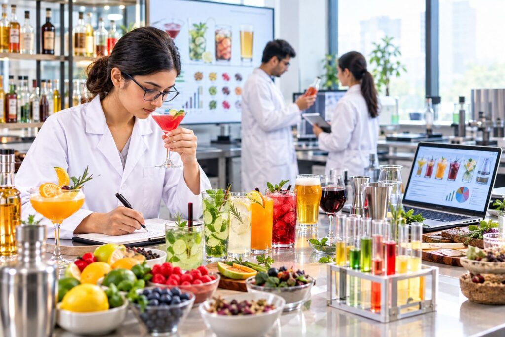 Beverage consultants developing alcoholic and non-alcoholic drinks through flavor testing, beverage formulation, and product innovation in a modern laboratory.