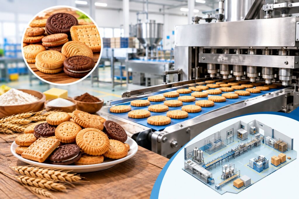 Biscuit and cookies manufacturing unit with production machinery and conveyor system