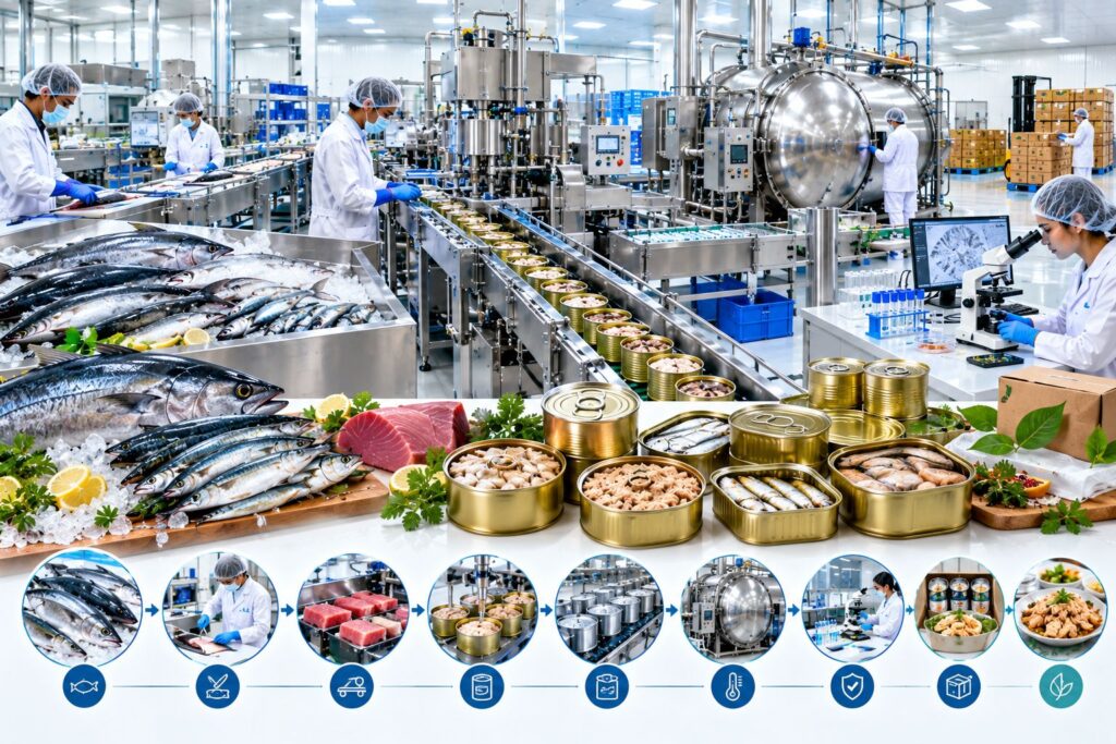 Canned fish production facility with fish processing and canning equipment