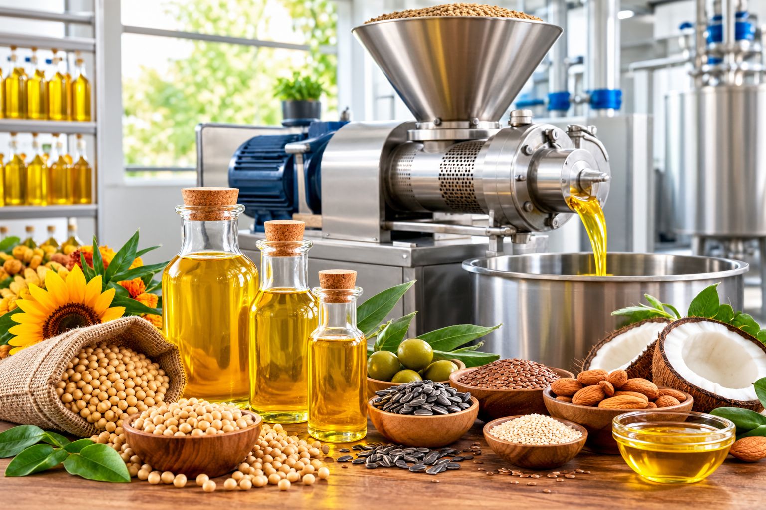 Cold press oil extraction machine processing oilseeds into natural edible oil