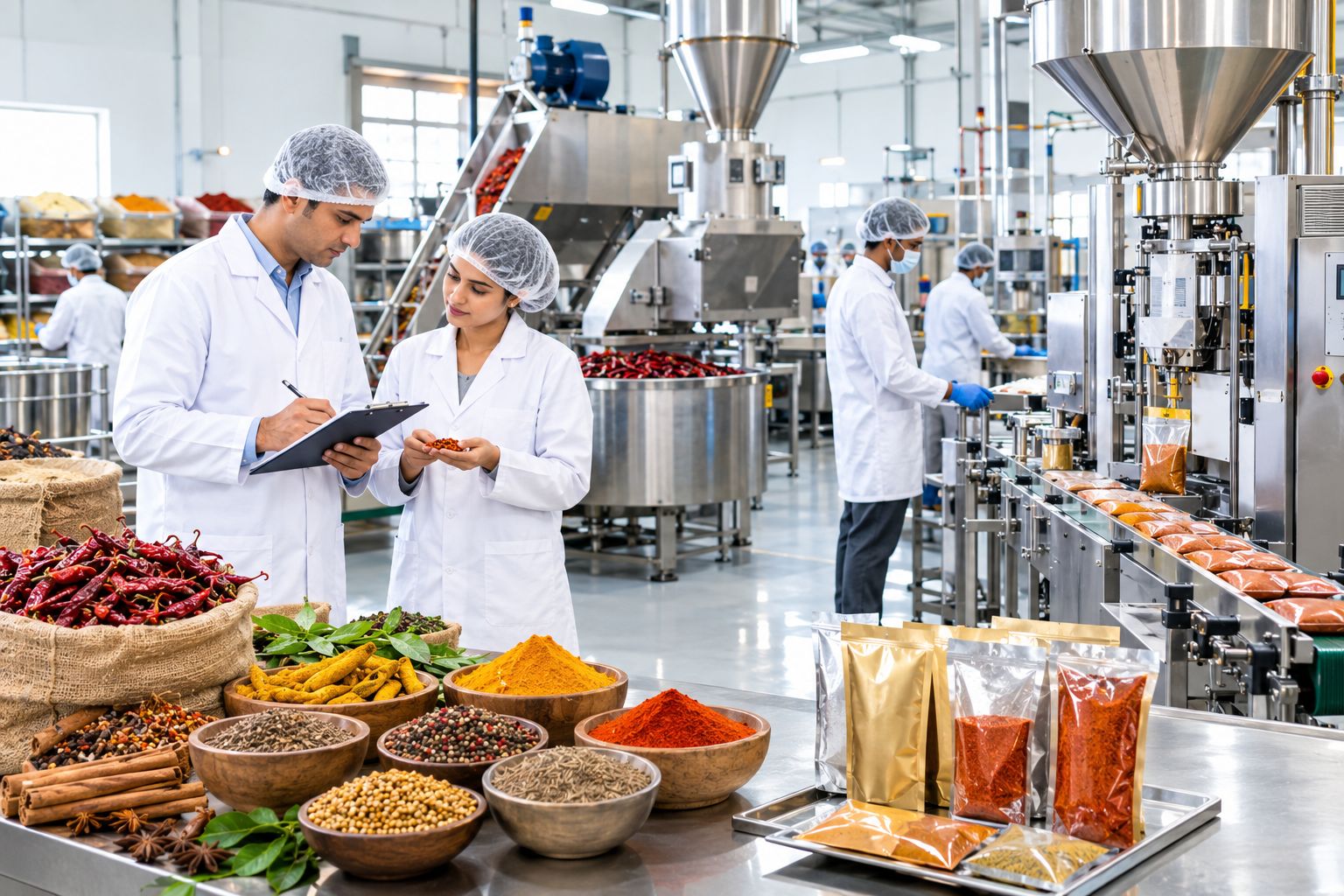 Spice factory setup with modern spice processing and packaging machinery