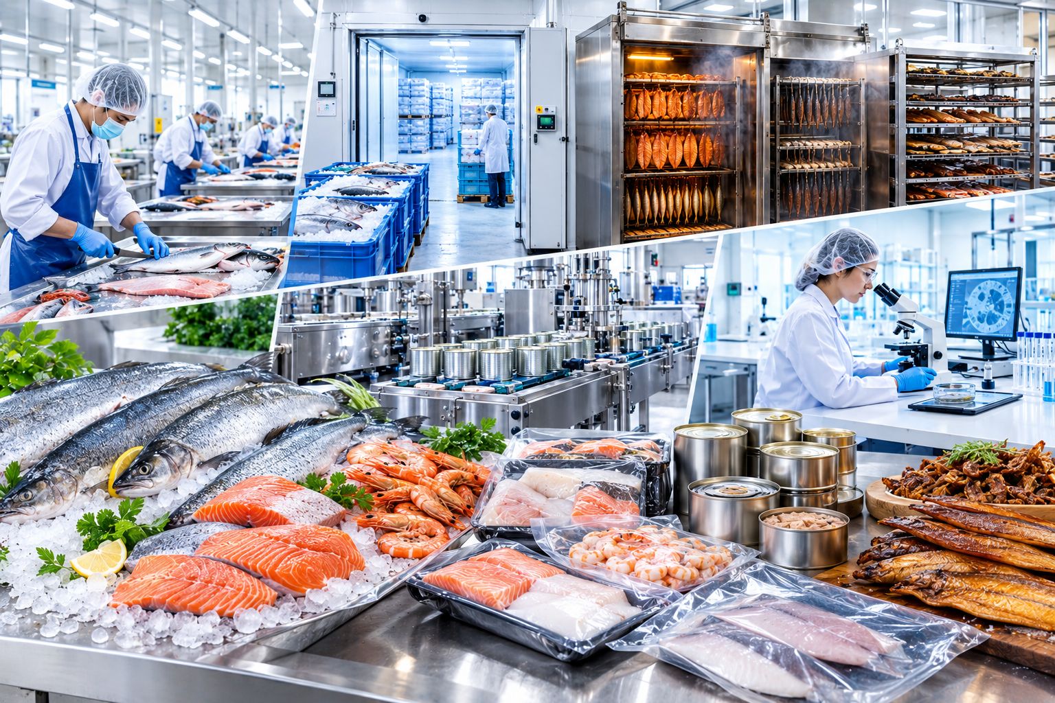 Fish processing and preservation techniques including freezing, canning, smoking, and drying