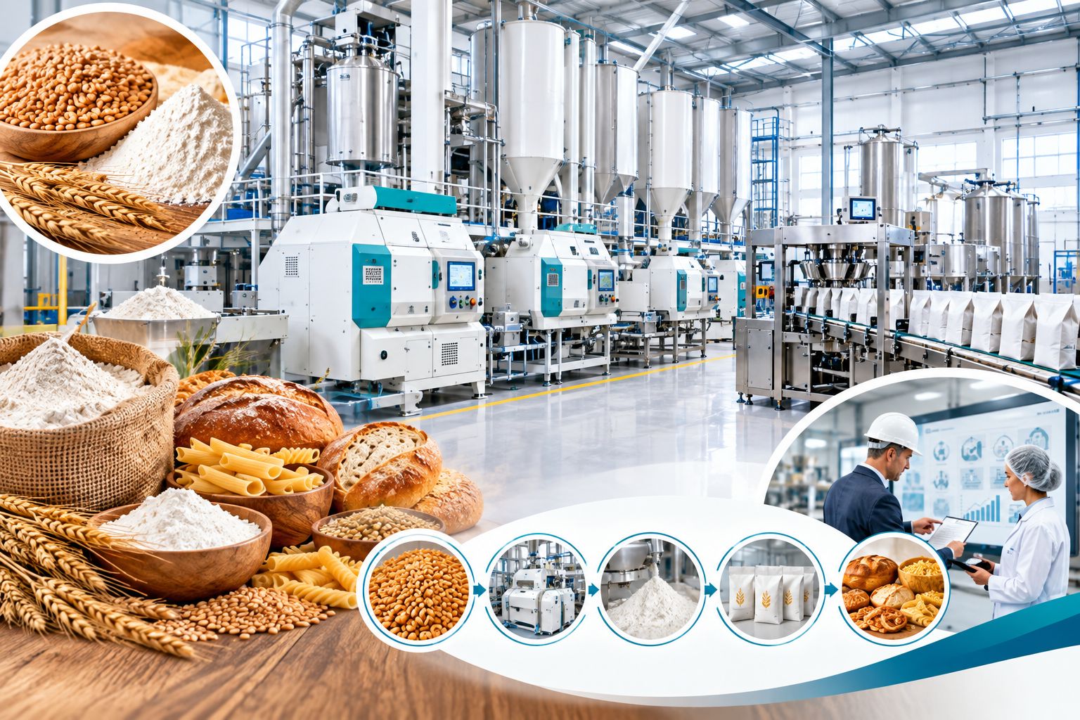 Flour milling and food manufacturing facility with industrial processing equipment