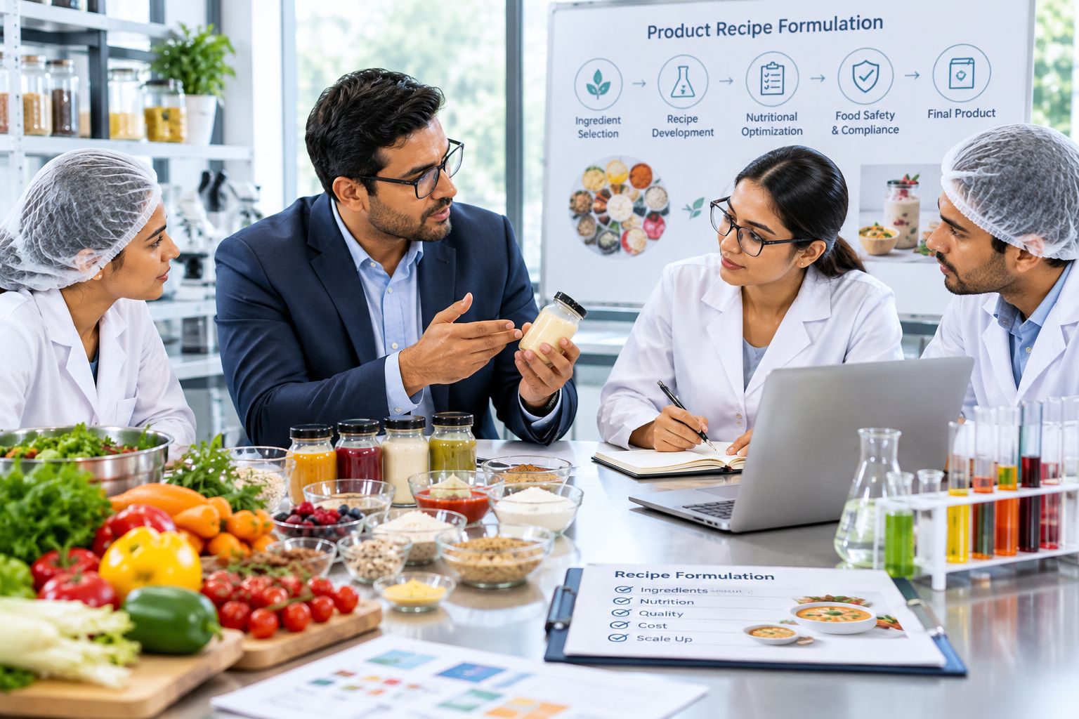 Food consultant and food technologists developing a new food product recipe with ingredients, laboratory testing, and formulation analysis.