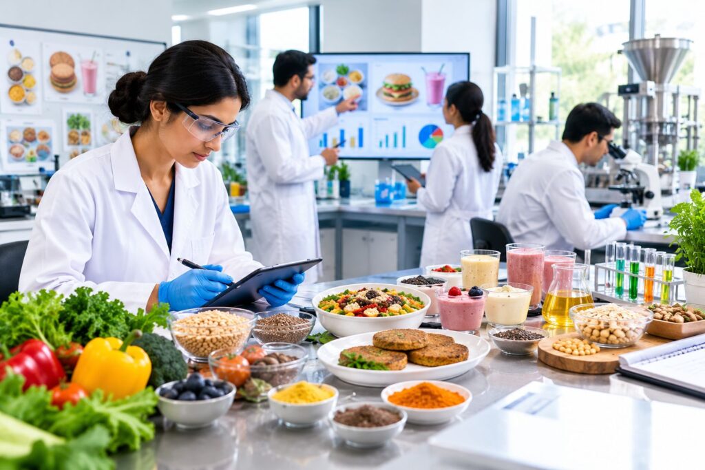Food consulting experts developing a new food product through recipe formulation, ingredient testing, quality analysis, and food innovation research.