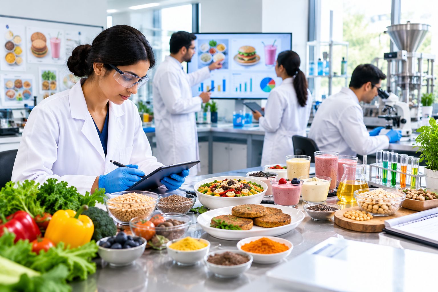 Food consulting experts developing a new food product through recipe formulation, ingredient testing, quality analysis, and food innovation research.