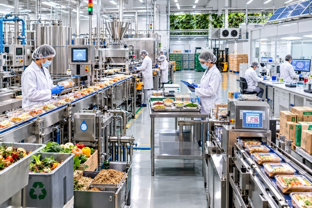Food processing facility with food safety, quality testing, and sustainable production systems